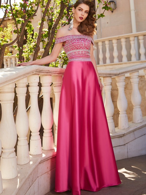 A-Line/Princess Off-the-Shoulder Beading Sleeveless Satin Floor-Length Two Piece Dresses 3790