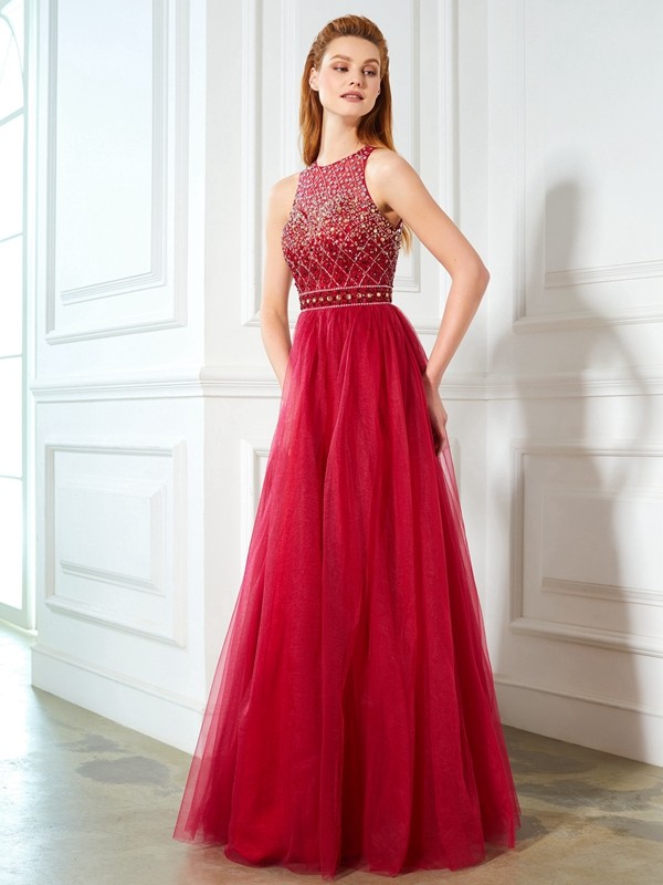 A-Line/Princess Scoop Sleeveless Floor-Length Beading Tulle Dresses 4356