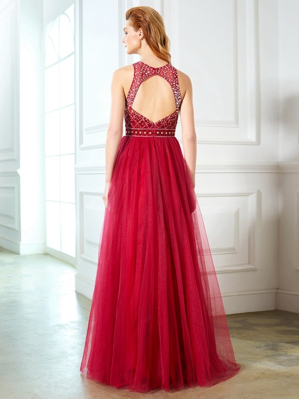 A-Line/Princess Scoop Sleeveless Floor-Length Beading Tulle Dresses 4356