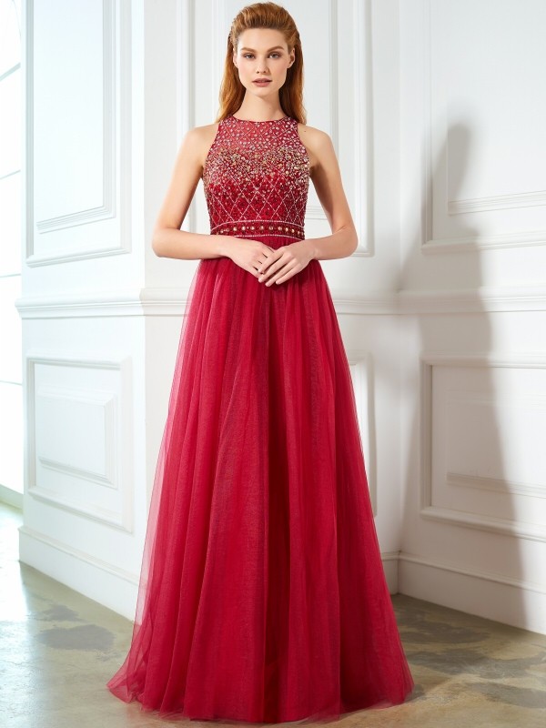 A-Line/Princess Scoop Sleeveless Floor-Length Beading Tulle Dresses 4356