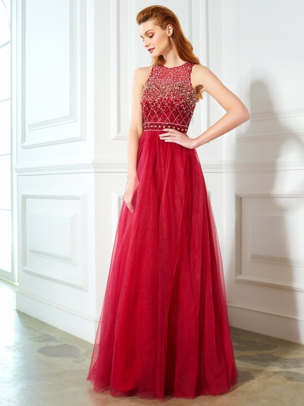 A-Line/Princess Scoop Sleeveless Floor-Length Beading Tulle Dresses 4356