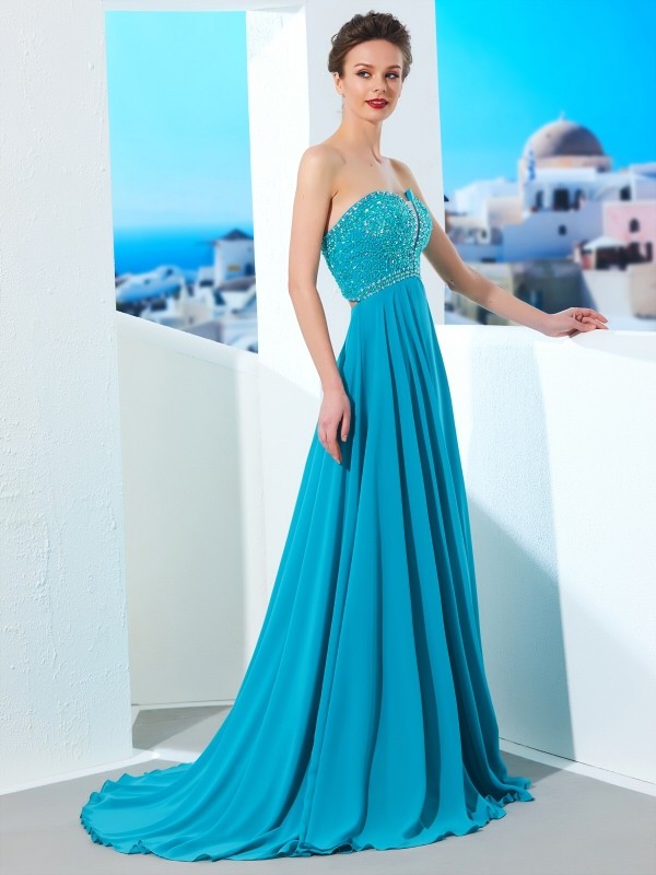 A-Line/Princess Sweetheart Beading Sleeveless Chiffon Sweep/Brush Train Dresses 4909