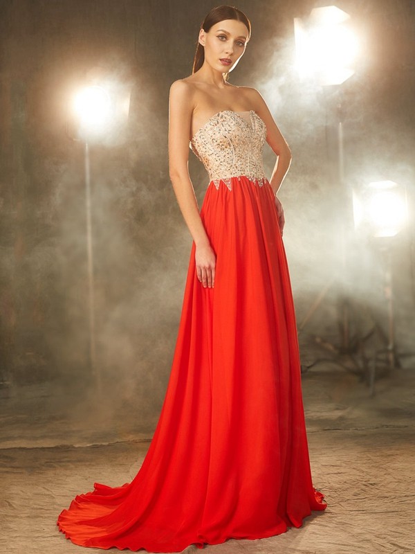 A-Line/Princess Strapless Beading Sleeveless Chiffon Sweep/Brush Train Dresses 4746