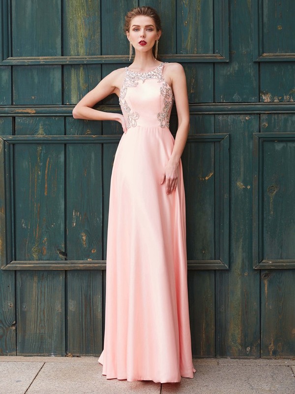 A-Line/Princess Scoop Beading Sleeveless Satin Floor-Length Dresses 4311