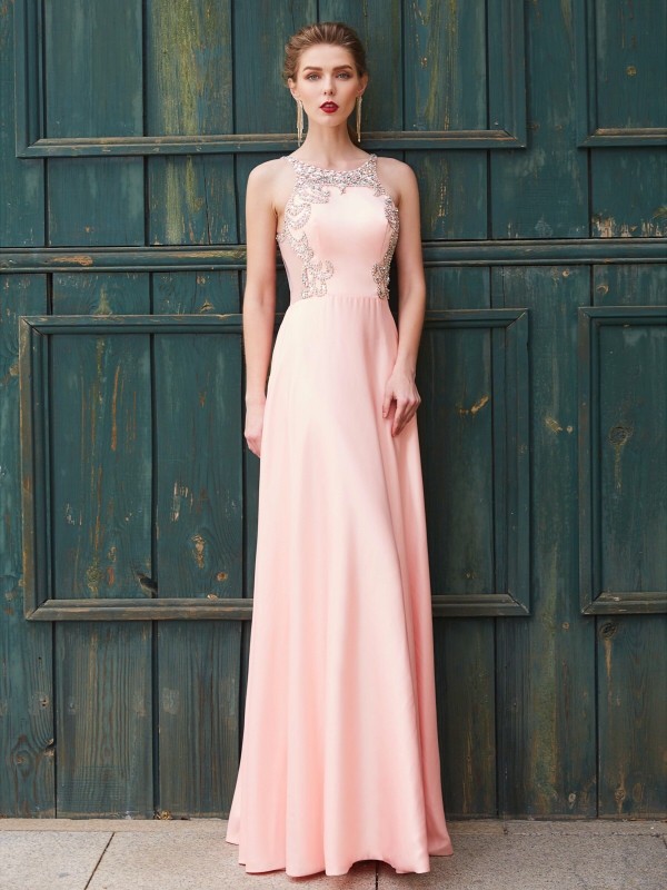 A-Line/Princess Scoop Beading Sleeveless Satin Floor-Length Dresses 4311