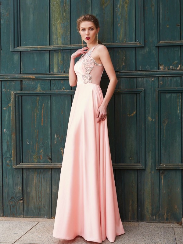 A-Line/Princess Scoop Beading Sleeveless Satin Floor-Length Dresses 4311