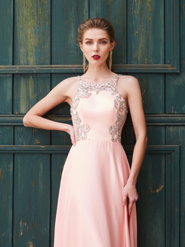 A-Line/Princess Scoop Beading Sleeveless Satin Floor-Length Dresses 4311