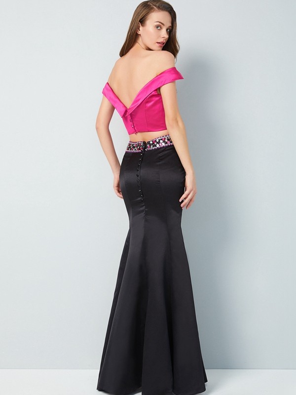 Trumpet/Mermaid Off-the-Shoulder Sleeveless Floor-Length Beading Satin Two Piece Dresses 7153