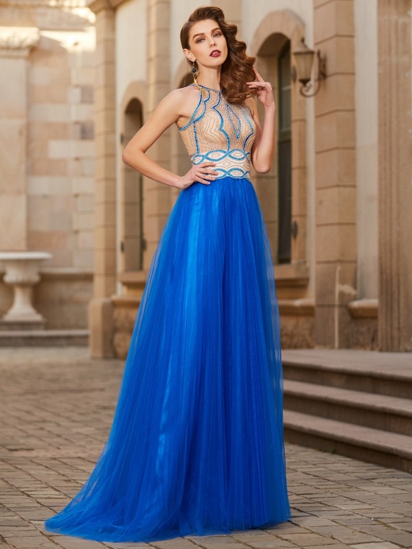 A-Line/Princess Jewel Beading Sleeveless Floor-Length Tulle Dresses 3673