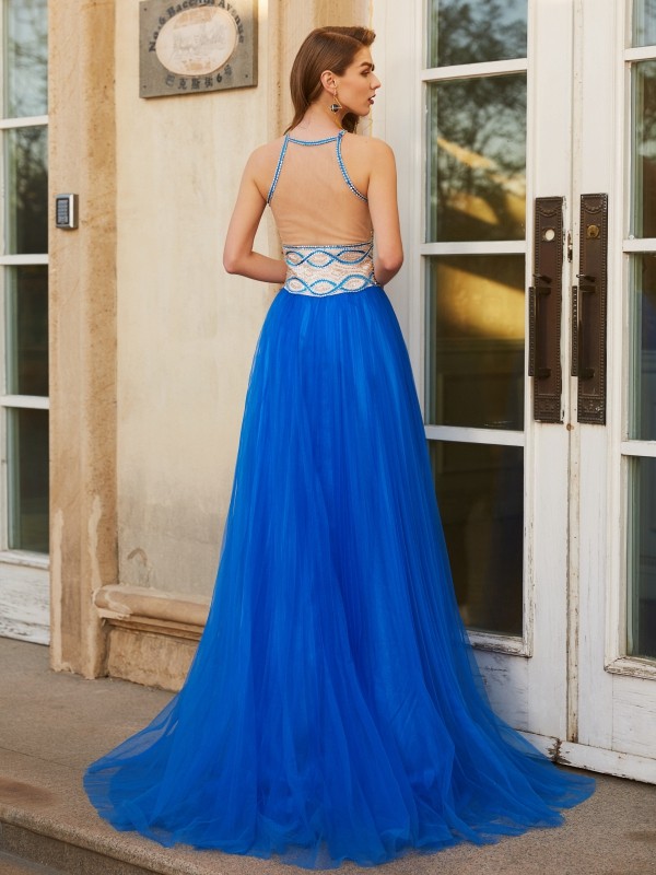 A-Line/Princess Jewel Beading Sleeveless Floor-Length Tulle Dresses 3673