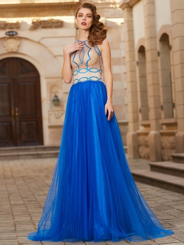 A-Line/Princess Jewel Beading Sleeveless Floor-Length Tulle Dresses 3673