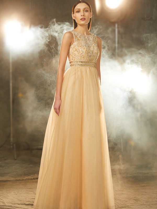 A-Line/Princess Scoop Beading Sleeveless Floor-Length Tulle Dresses 4284