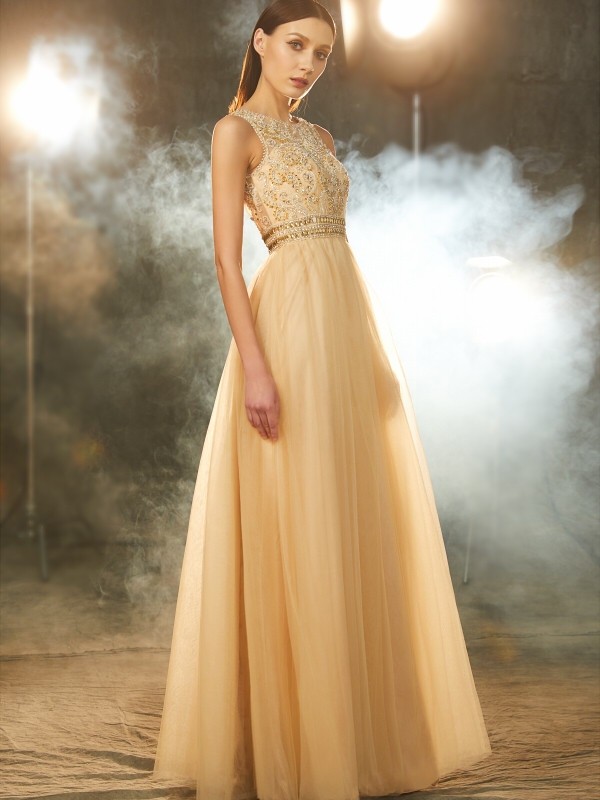 A-Line/Princess Scoop Beading Sleeveless Floor-Length Tulle Dresses 4284