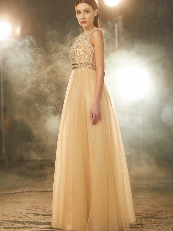 A-Line/Princess Scoop Beading Sleeveless Floor-Length Tulle Dresses 4284