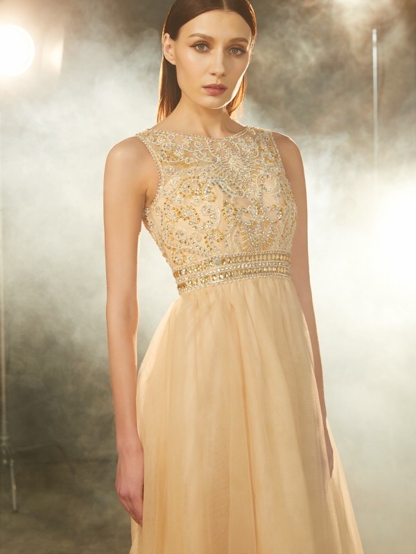 A-Line/Princess Scoop Beading Sleeveless Floor-Length Tulle Dresses 4284