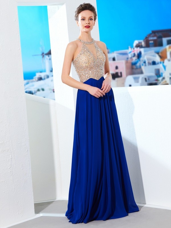 A-Line/Princess Scoop Sleeveless Floor-Length Crystal Chiffon Dresses 4360