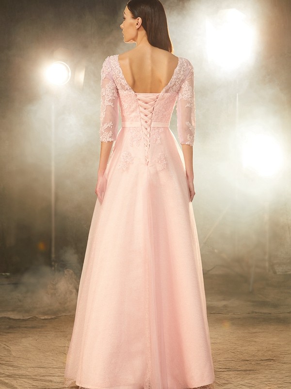 A-Line/Princess Bateau 1/2 Sleeves Floor-Length Applique Tulle Dresses 3356