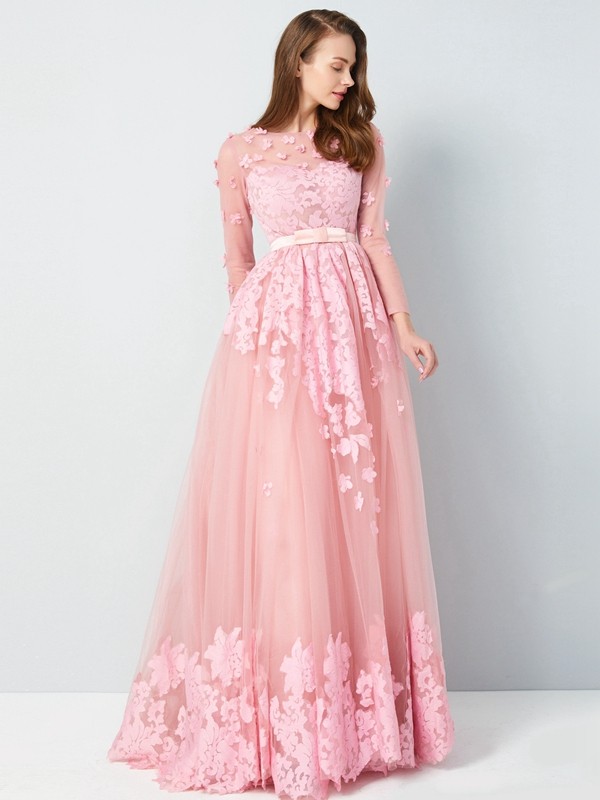 A-Line/Princess Scoop 3/4 Sleeves Floor-Length Applique Tulle Dresses 4263