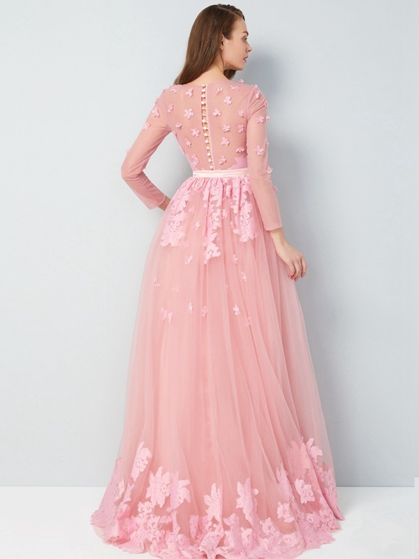 A-Line/Princess Scoop 3/4 Sleeves Floor-Length Applique Tulle Dresses 4263