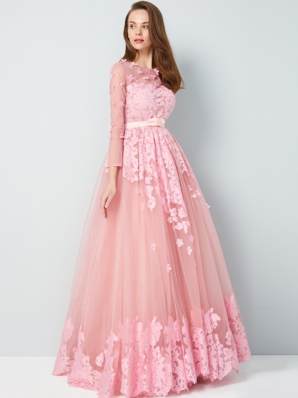 A-Line/Princess Scoop 3/4 Sleeves Floor-Length Applique Tulle Dresses 4263