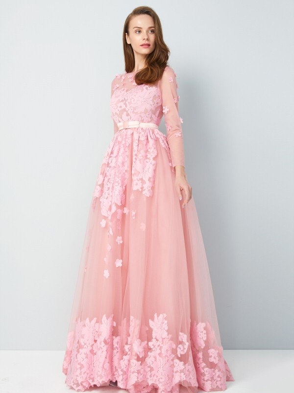 A-Line/Princess Scoop 3/4 Sleeves Floor-Length Applique Tulle Dresses 4263