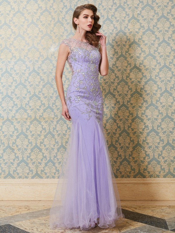 Trumpet/Mermaid Scoop Sleeveless Beading Floor-length Tulle Dresses 7275