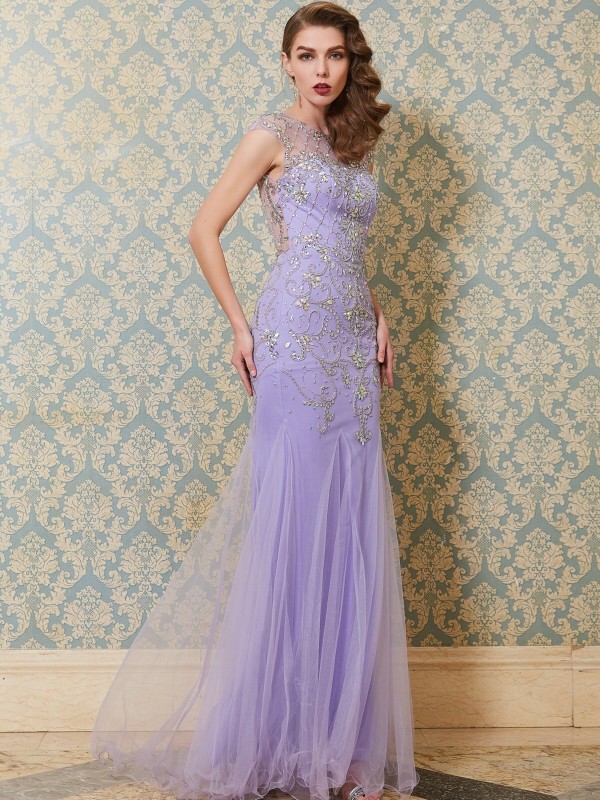 Trumpet/Mermaid Scoop Sleeveless Beading Floor-length Tulle Dresses 7275