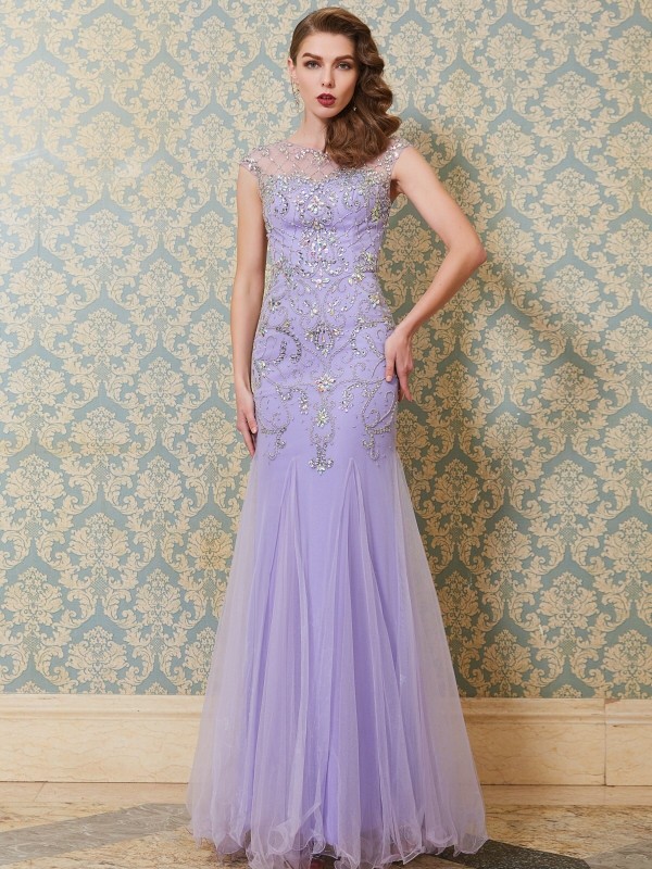 Trumpet/Mermaid Scoop Sleeveless Beading Floor-length Tulle Dresses 7275