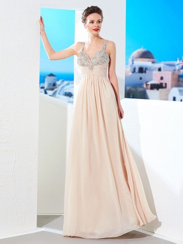 A-Line/Princess Spaghetti Straps Beading Floor-Length Chiffon Dresses 4682