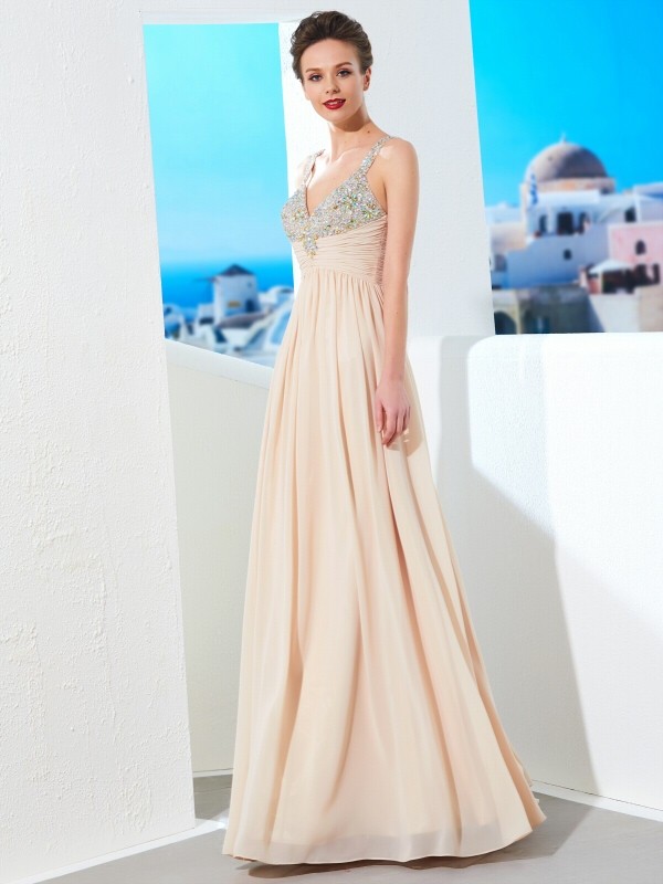 A-Line/Princess Spaghetti Straps Beading Floor-Length Chiffon Dresses 4682