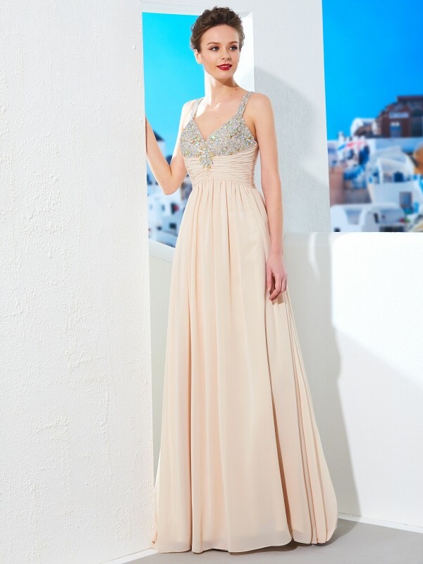 A-Line/Princess Spaghetti Straps Beading Floor-Length Chiffon Dresses 4682