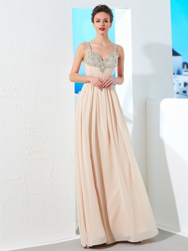 A-Line/Princess Spaghetti Straps Beading Floor-Length Chiffon Dresses 4682