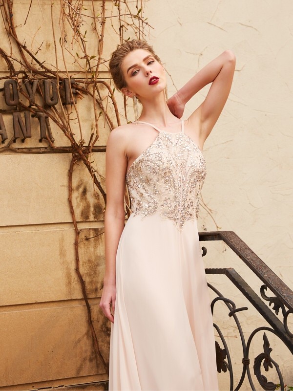 A-line/Princess Spaghetti Straps Sleeveless Beading Sweep/Brush Train Chiffon Dresses 4716