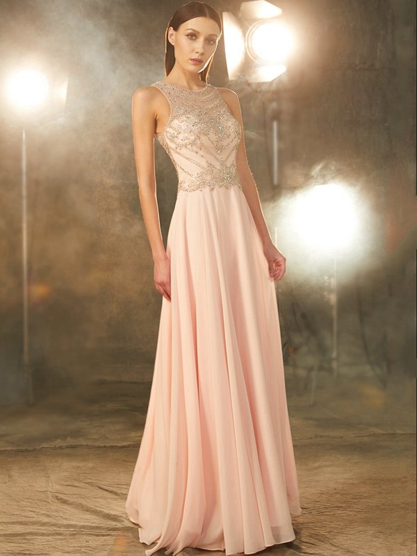 A-Line/Princess Scoop Sleeveless Chiffon Crystal Floor-length Dresses 4345