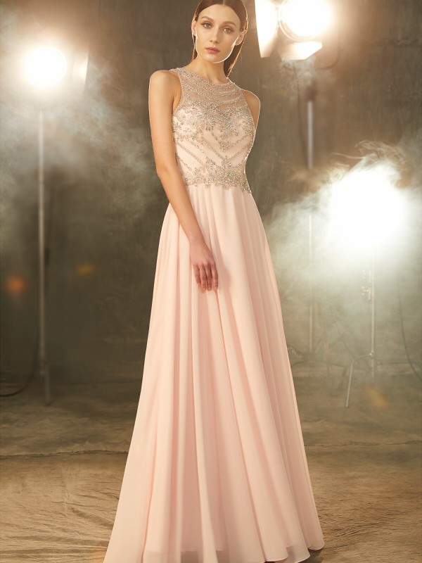 A-Line/Princess Scoop Sleeveless Chiffon Crystal Floor-length Dresses 4345