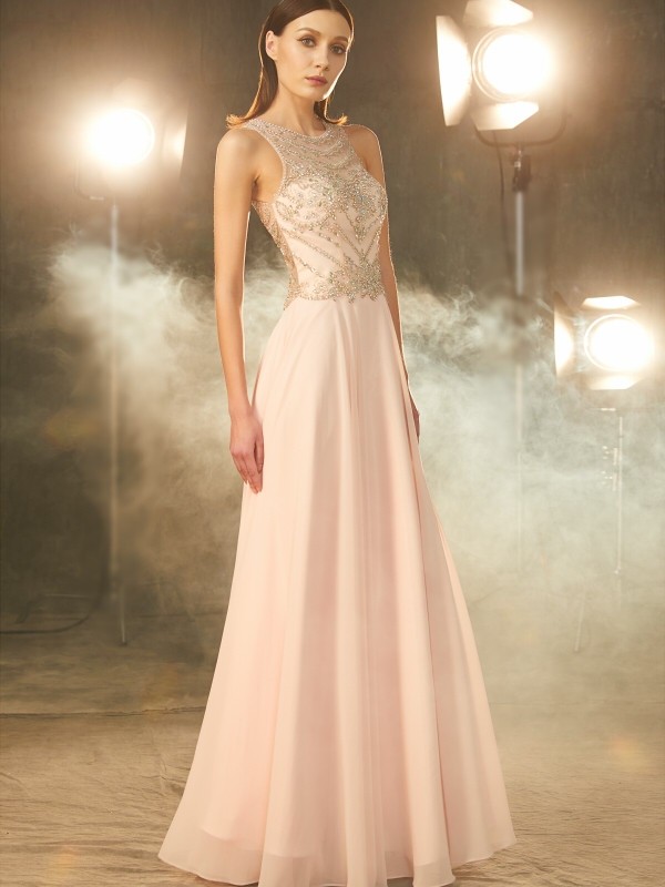 A-Line/Princess Scoop Sleeveless Chiffon Crystal Floor-length Dresses 4345