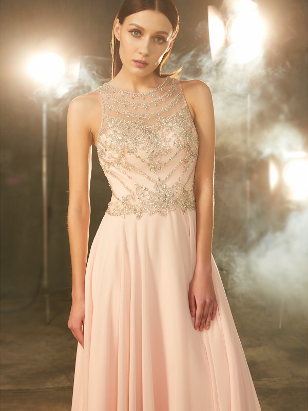 A-Line/Princess Scoop Sleeveless Chiffon Crystal Floor-length Dresses 4345