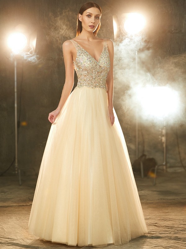 Ball Gown V-neck Sleeveless Beading Floor-length Tulle Dresses 5809