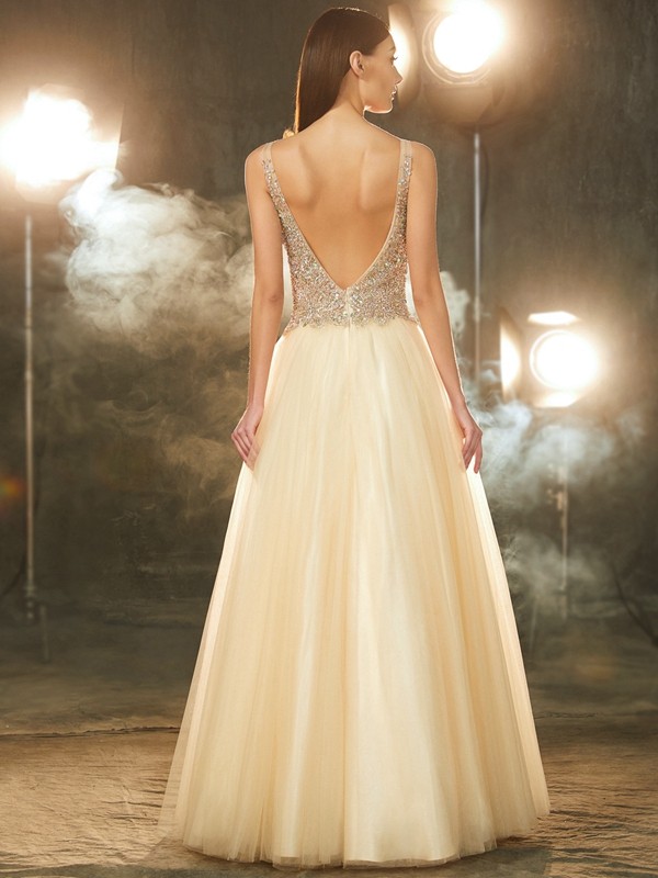 Ball Gown V-neck Sleeveless Beading Floor-length Tulle Dresses 5809