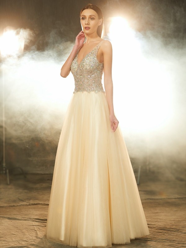 Ball Gown V-neck Sleeveless Beading Floor-length Tulle Dresses 5809