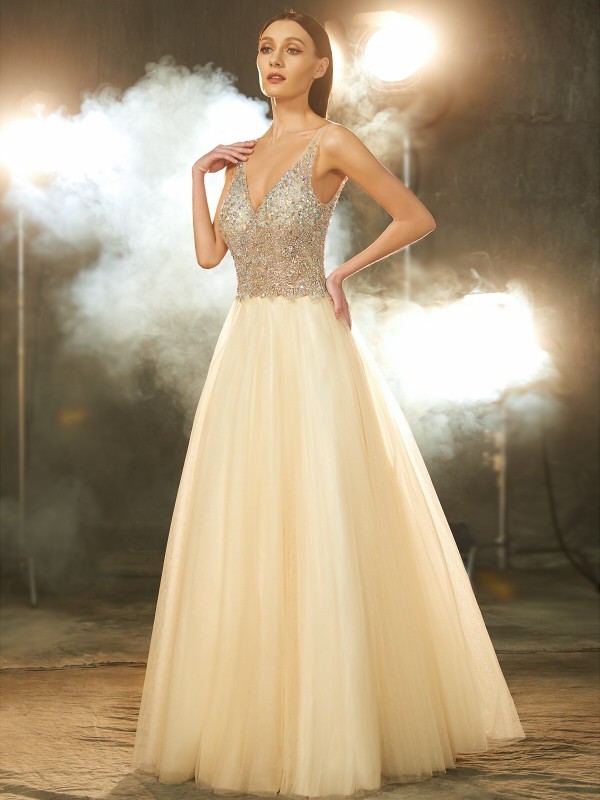 Ball Gown V-neck Sleeveless Beading Floor-length Tulle Dresses 5809