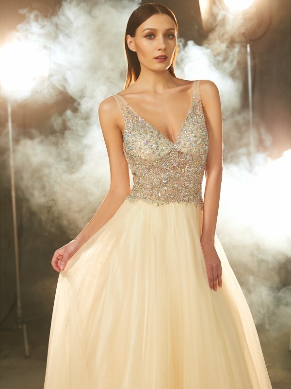 Ball Gown V-neck Sleeveless Beading Floor-length Tulle Dresses 5809