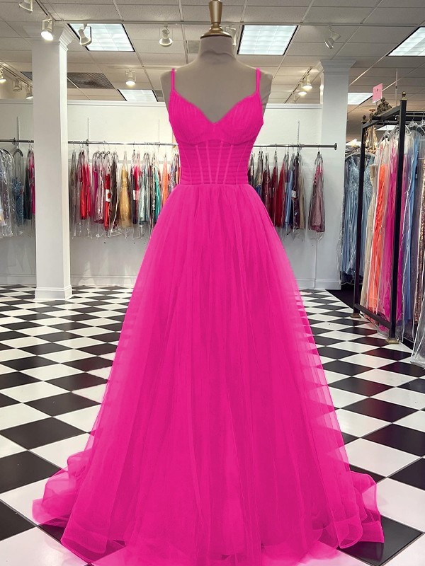 A-Line/Princess Tulle Ruffles V-neck Sleeveless Sweep/Brush Train Dresses 5393