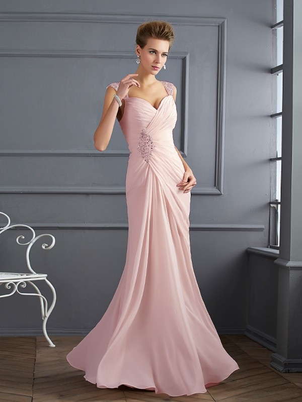 Sheath/Column Straps Sleeveless Beading Long Chiffon Dresses 6704