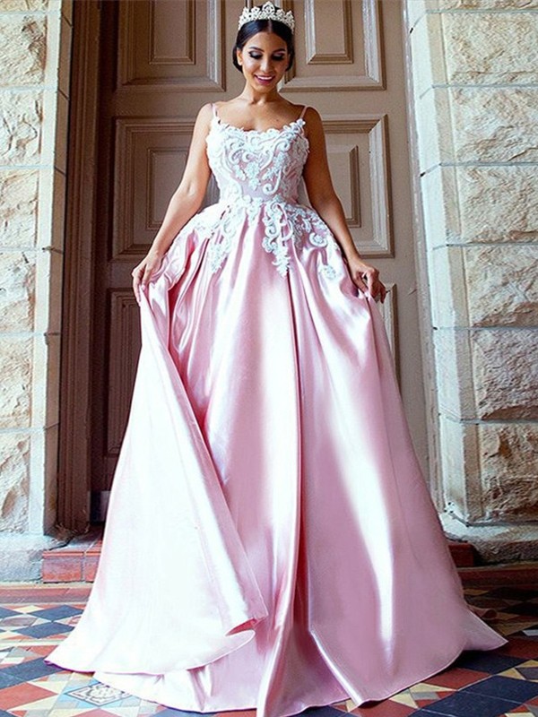 Ball Gown Sleeveless Spaghetti Straps Sweep/Brush Train Applique Satin Dresses 5714