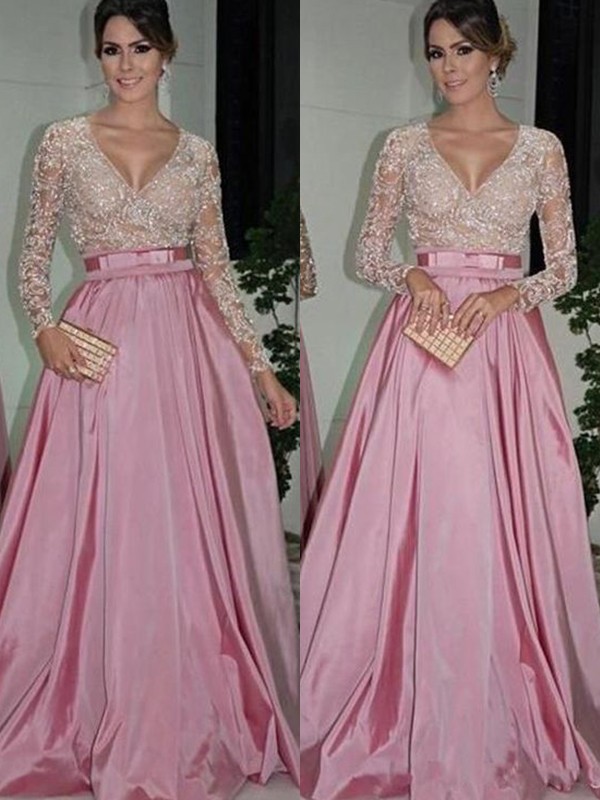 A-Line/Princess Long Sleeves V-neck Floor-Length Lace Taffeta Dresses 3776