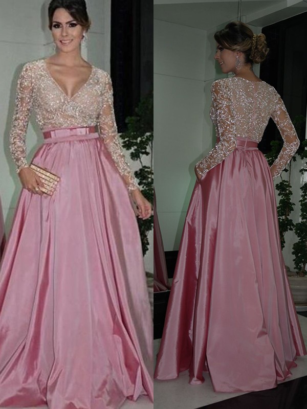 A-Line/Princess Long Sleeves V-neck Floor-Length Lace Taffeta Dresses 3776