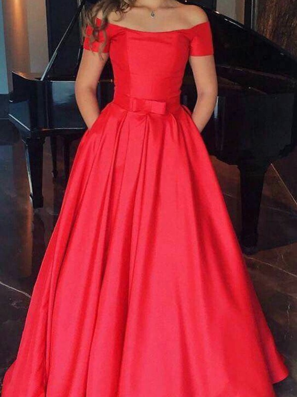 A-Line/Princess Sleeveless Off-the-Shoulder Floor-Length Ruffles Satin Dresses 4552