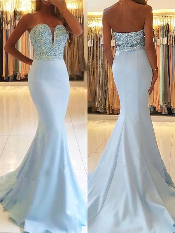 Trumpet/Mermaid Sleeveless Sweetheart Sweep/Brush Train Beading Satin Dresses 7368