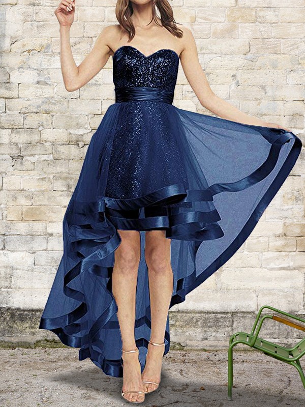 A-Line/Princess Sleeveless Sweetheart Asymmetrical Sequin Tulle Dresses 4624